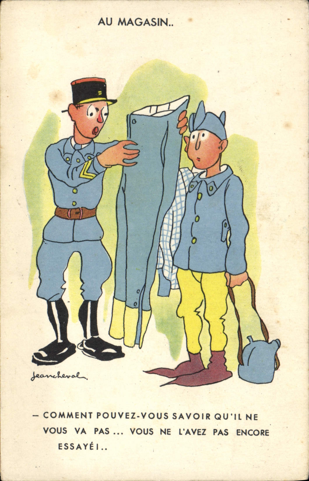CPA Fantaisie Militaria Au magasin Jean Cheval