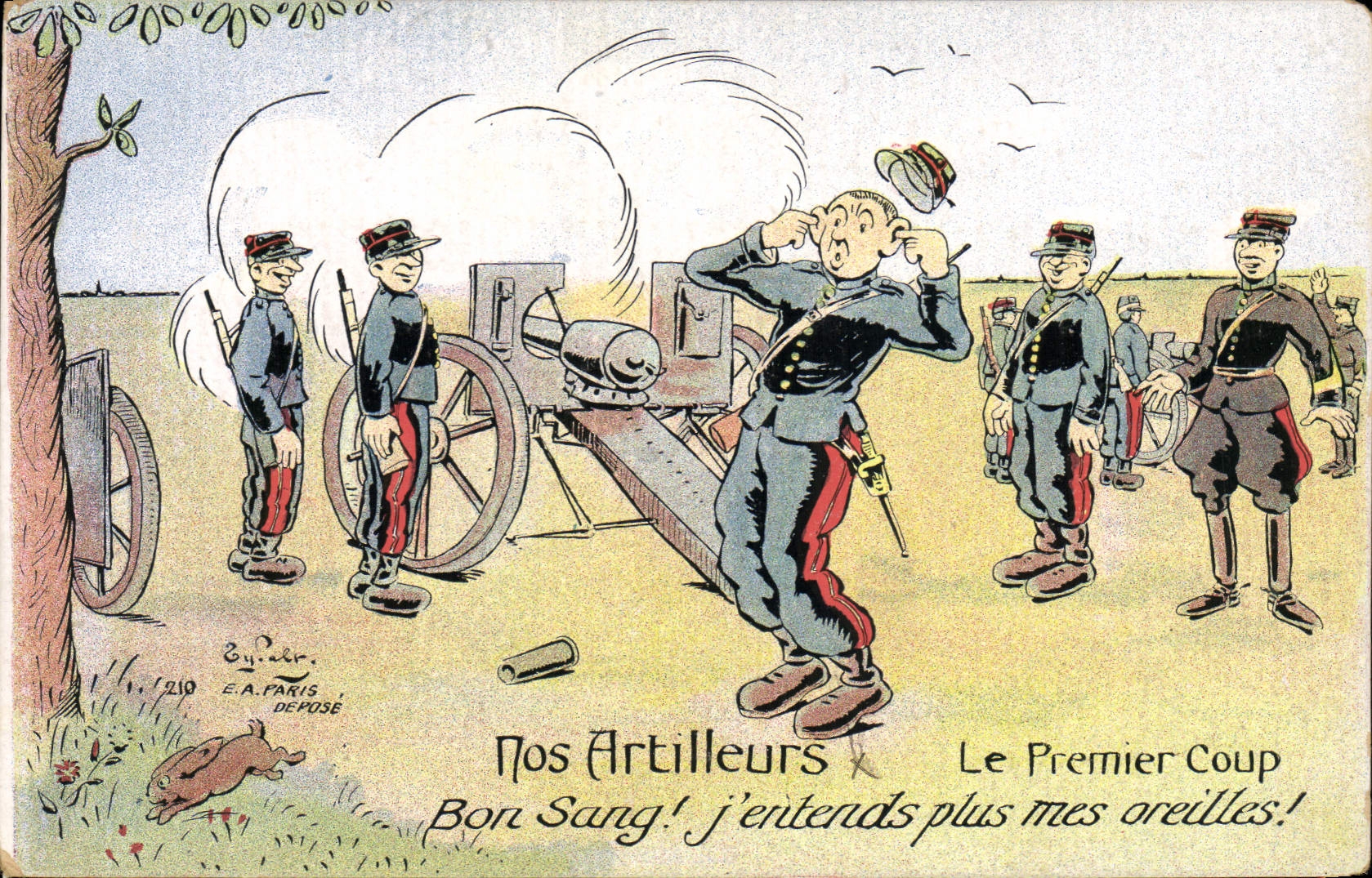CPA Fantaisie Militaria Nos artilleurs Le premier coup Lapin 