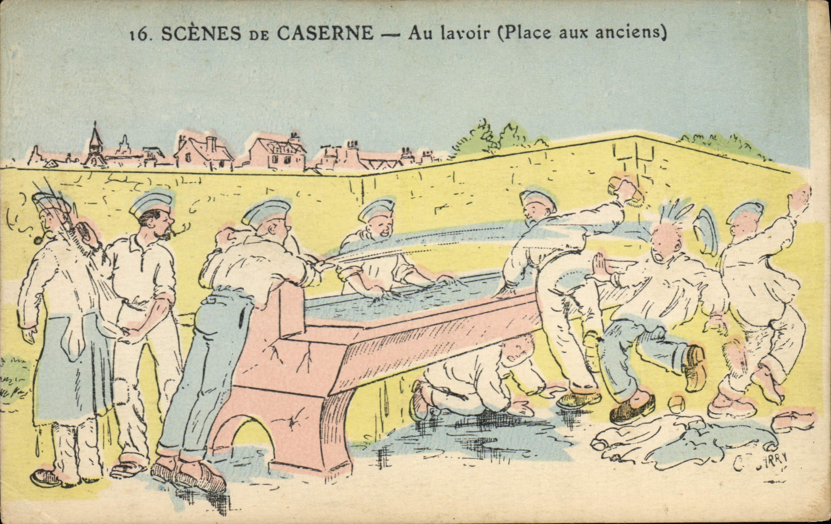 VINTAGE POSTCARD Fantaisie Militaria With the laundrette Places at old