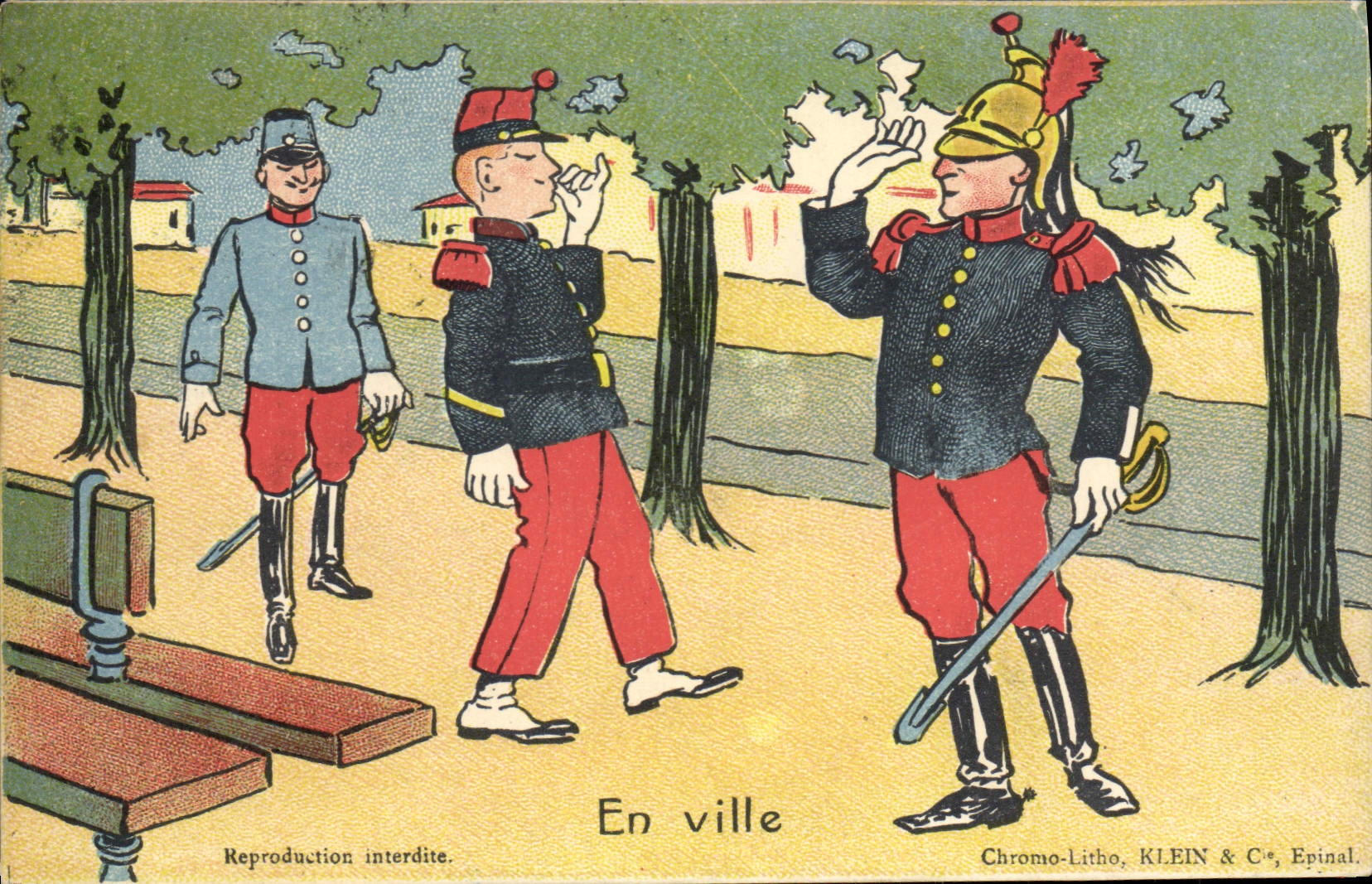 CPA Fantaisie Militaria En ville 