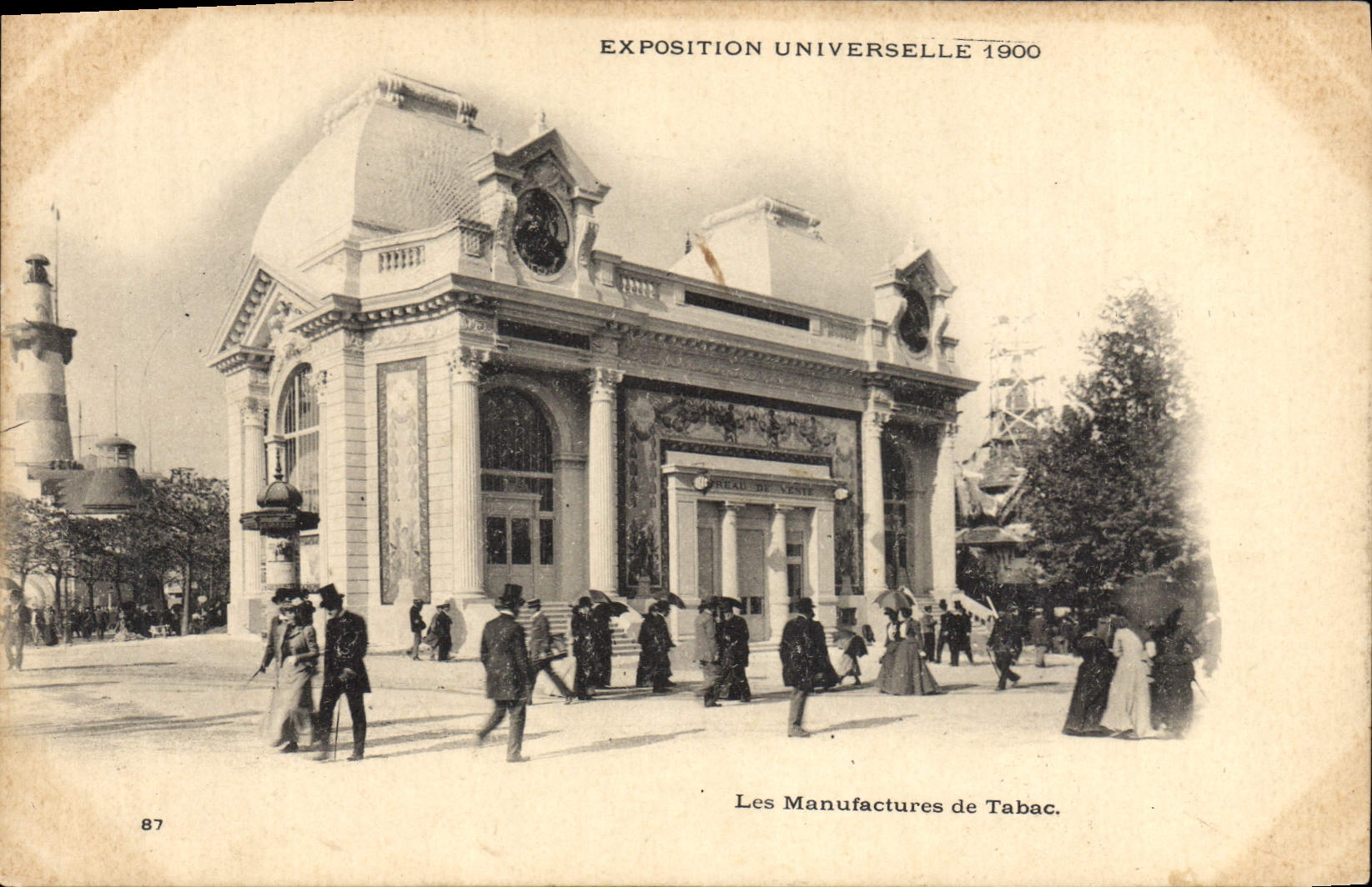 Fábricas 1900 del tabaco de la feria de mundo de París de la POSTAL de la VENDIMIA