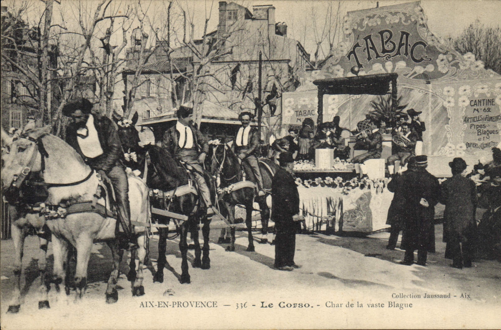 Folklore del Aix de la POSTAL de la VENDIMIA en el tanque de Provence Corso del carnaval enorme del caballo de los caballos del tabaco de la broma