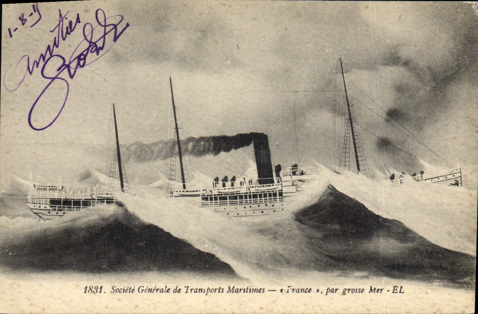 VINTAGE POSTCARD Boat Steamer France by heavy sea