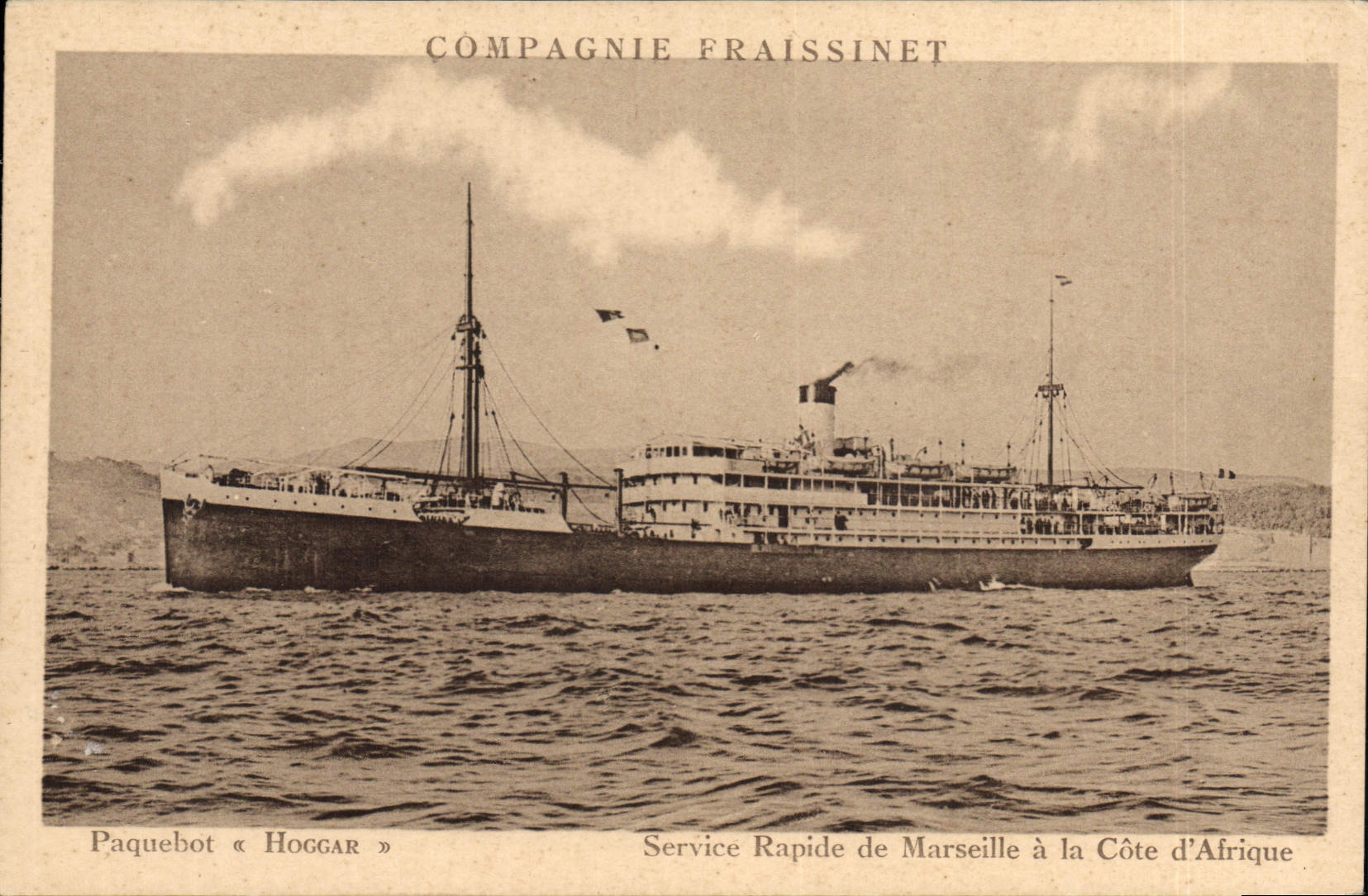 VINTAGE POSTCARD Boat Steamer fast Hoggar Service of Marseilles to the Dimension of Africa Fraissinet Company