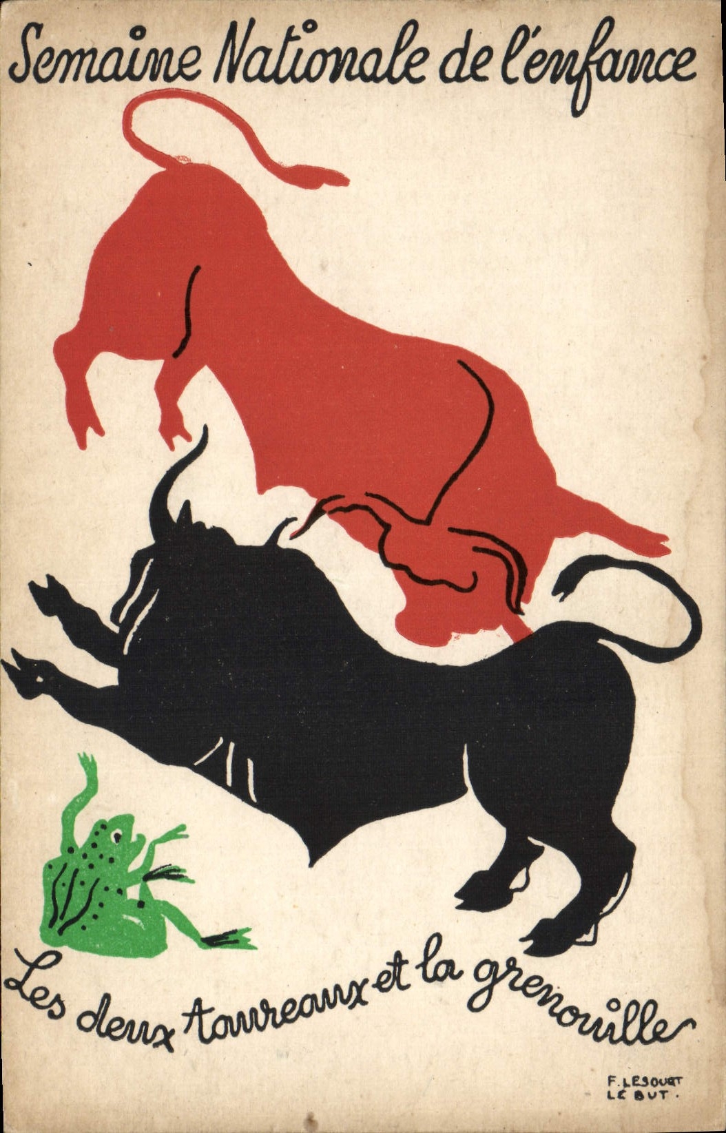 VINTAGE POSTCARD Fantasy Illustrator national Week of childhood two bulls and the frog