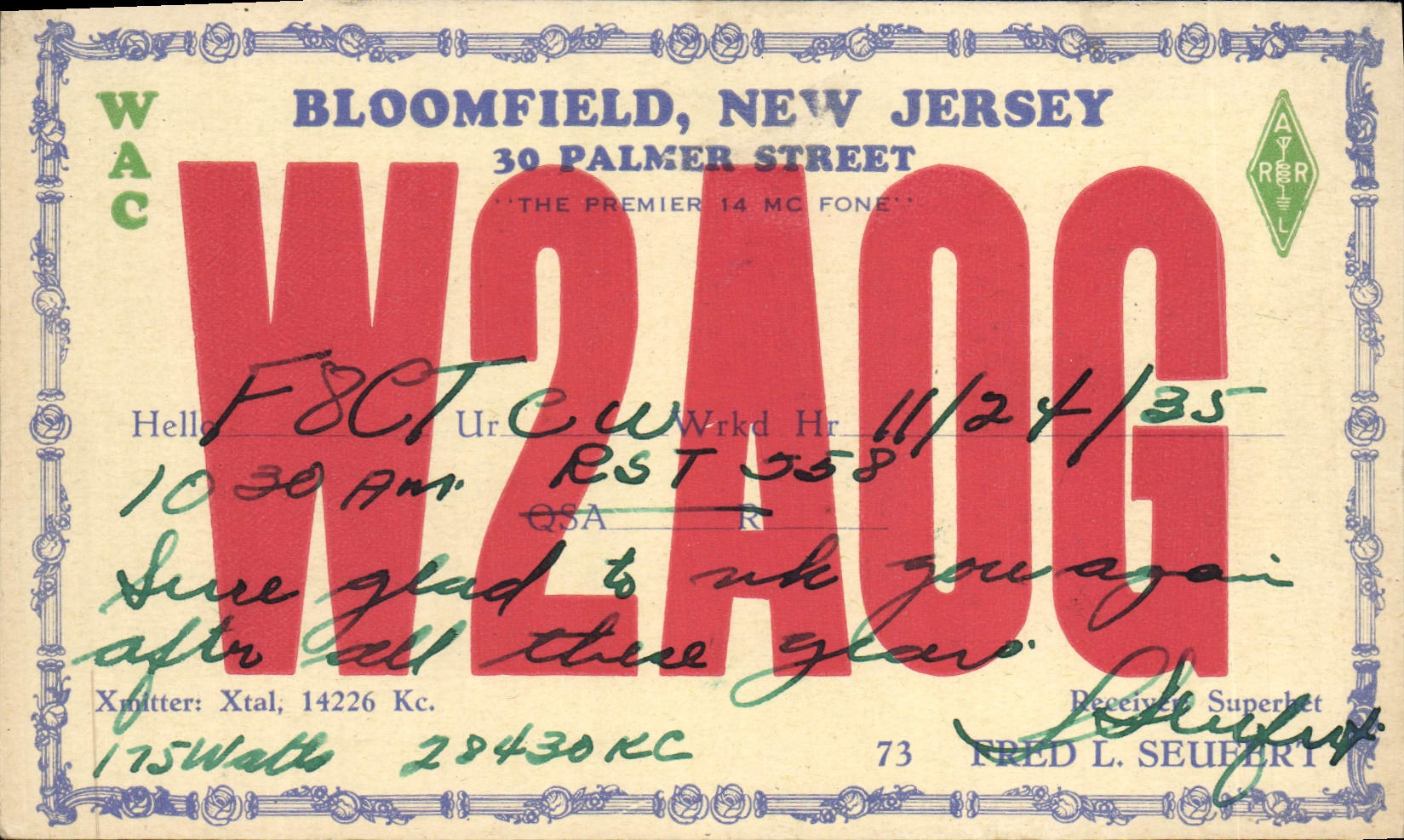 CPA Bloomfield New Jersey Palmer Street WAC Telegraphie