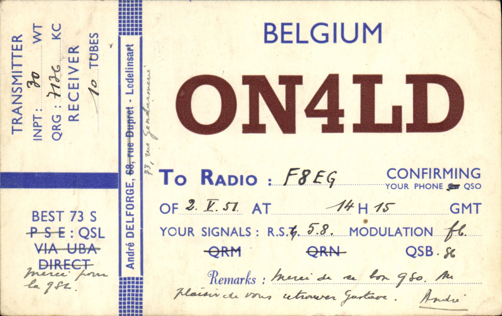 Telegrafía Bélgica ON4LD de la POSTAL de la VENDIMIA