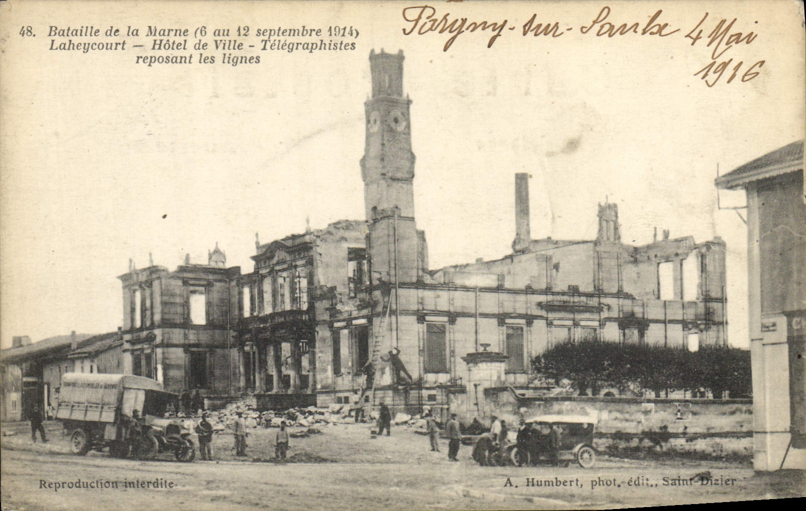 VINTAGE POSTCARD Battle of the Marne Laheycourt Town hall Telegraphists putting back the Militaria lines