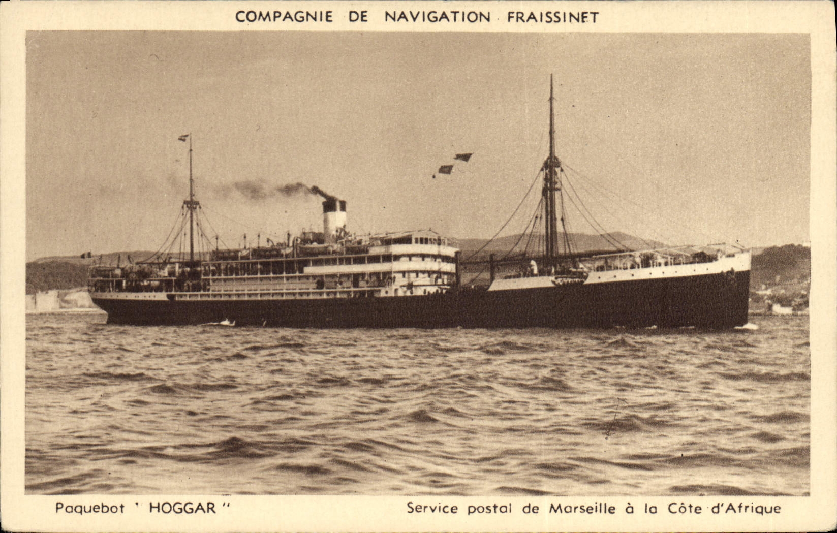 VINTAGE POSTCARD Boat Steamer Hoggar Postal service of Marseilles to the Dimension of Africa Fraissinet