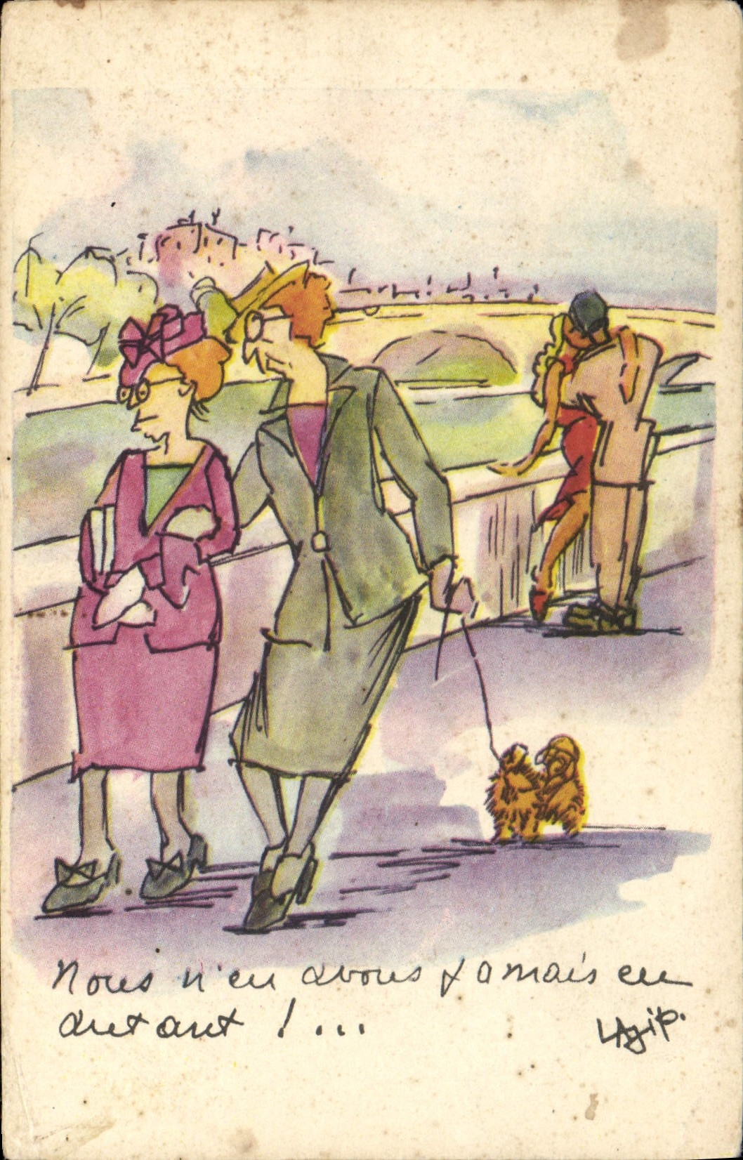 CPA Fantaisie Illustrateur Femmes Chien