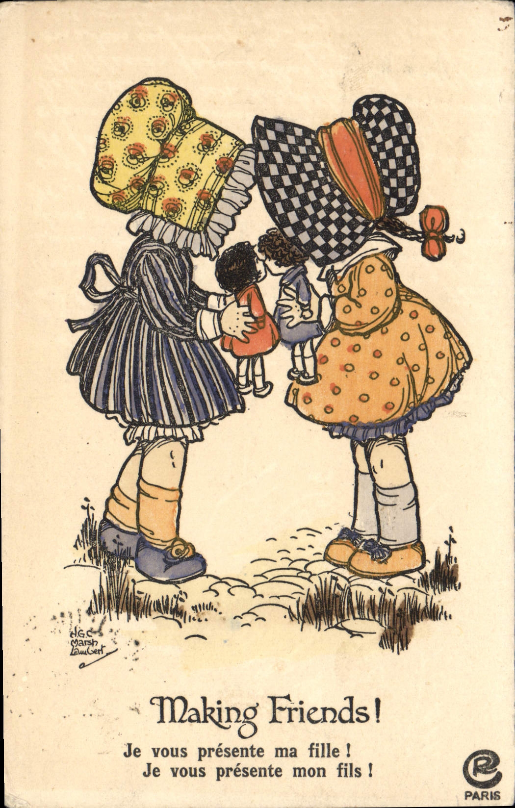 VINTAGE POSTCARD Fantasy Illustrator Children Making Friends
