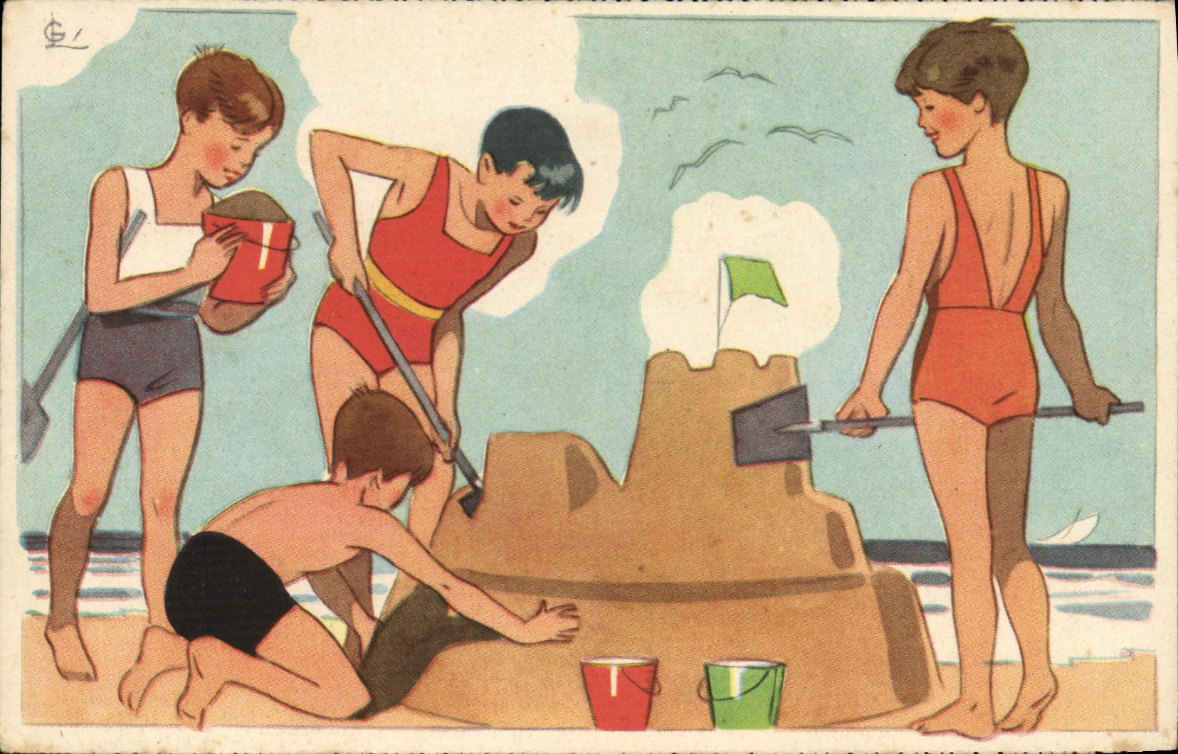 CPA Fantaisie Illustrateur Enfants a la plage 