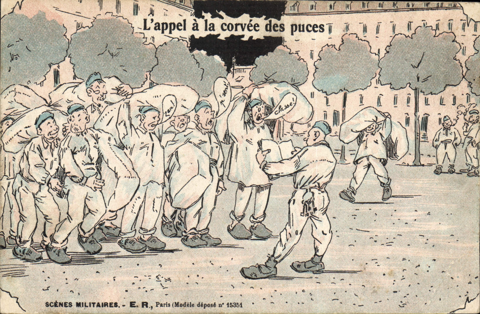 CPA Militaria L'appel a la corvee des puces 