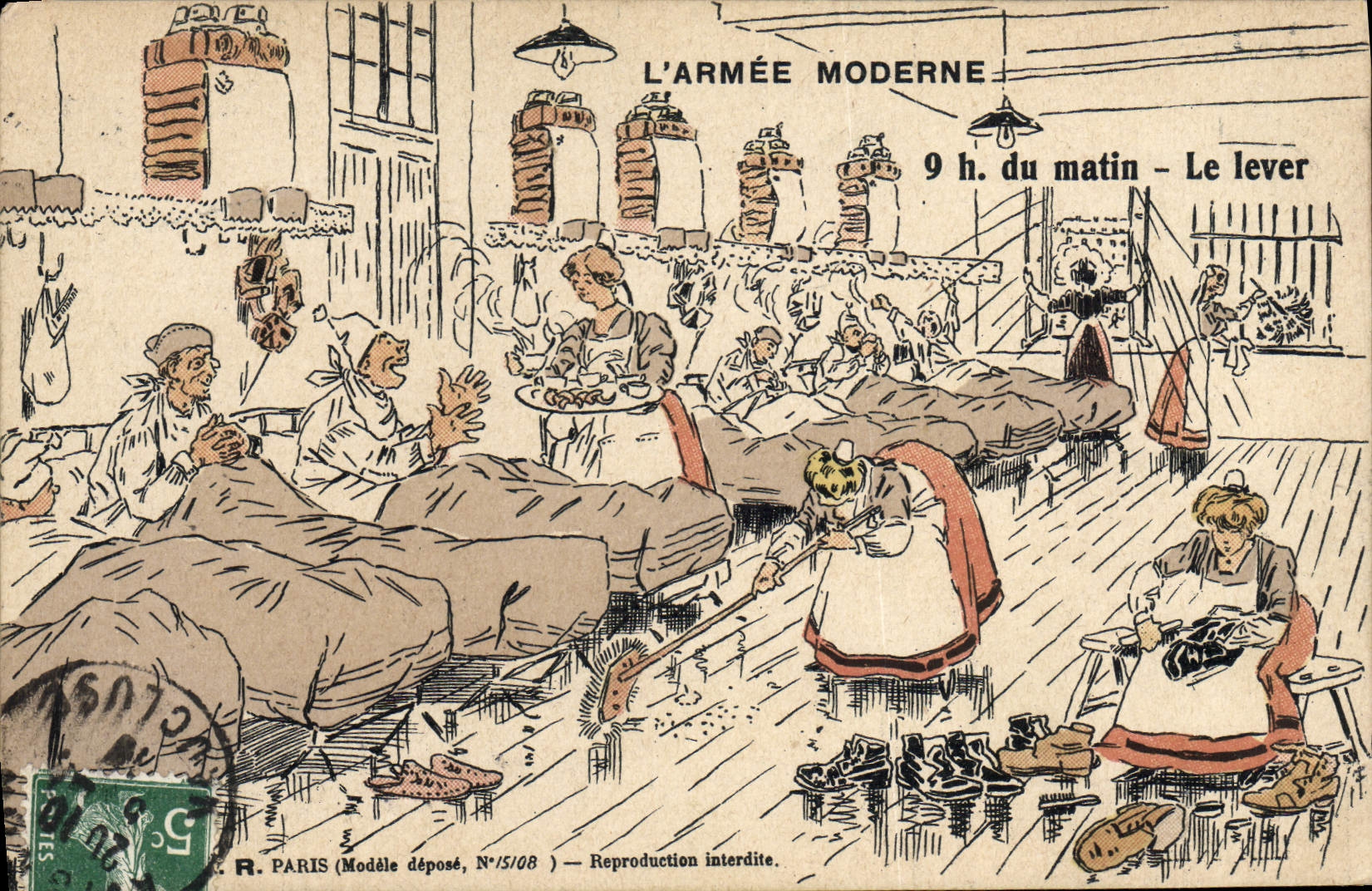 VINTAGE POSTCARD Militaria the modern army 9:00 of the morning to raise It