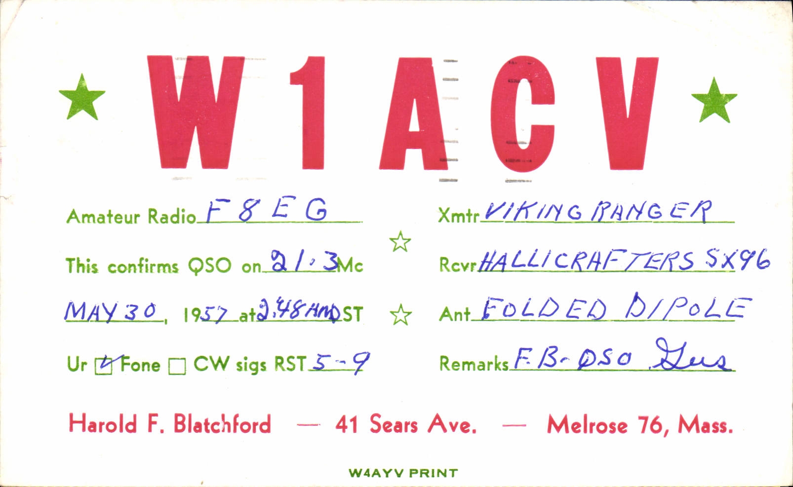 Cortijo de la colada de la avenida de la telegrafía W1ACV Harold Blatchford Sears de la POSTAL de la VENDIMIA