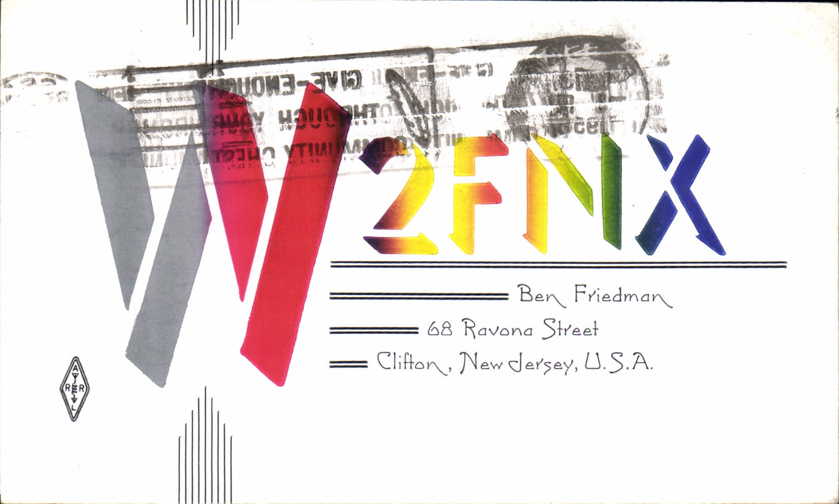 Calle Clifton New Jersey de la telegrafía W2FNX Ben Friedman Ravona de la POSTAL de la VENDIMIA los E.E.U.U.