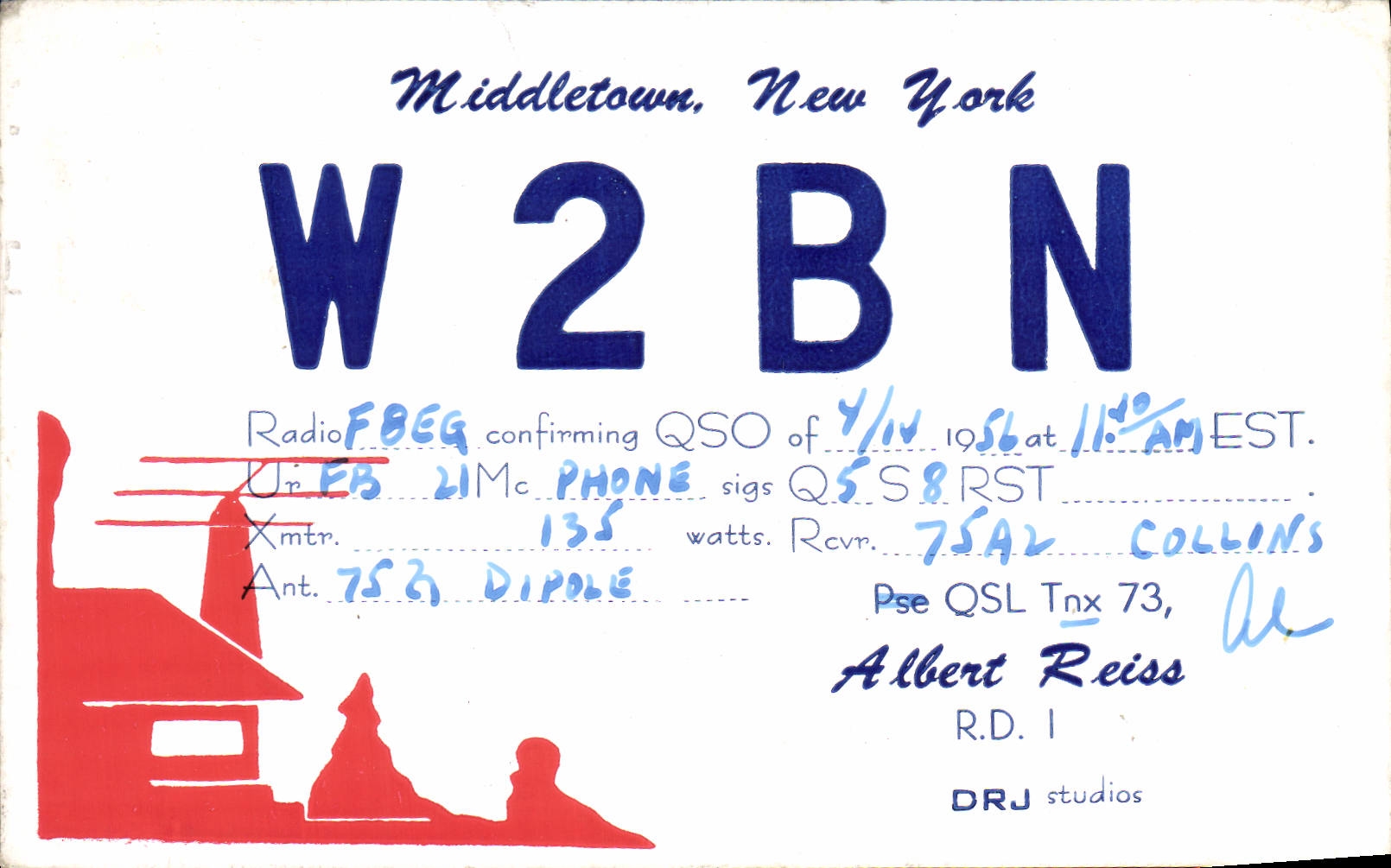 Telegrafía W2BN Middletown Nueva York de la POSTAL de la VENDIMIA