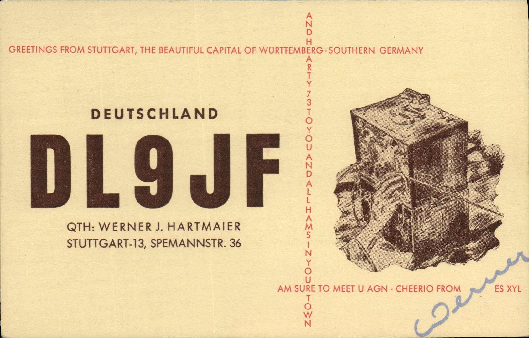 Erner Harmaier Stuttgart Spemannstr de la telegrafía DL9JF de la POSTAL de la VENDIMIA