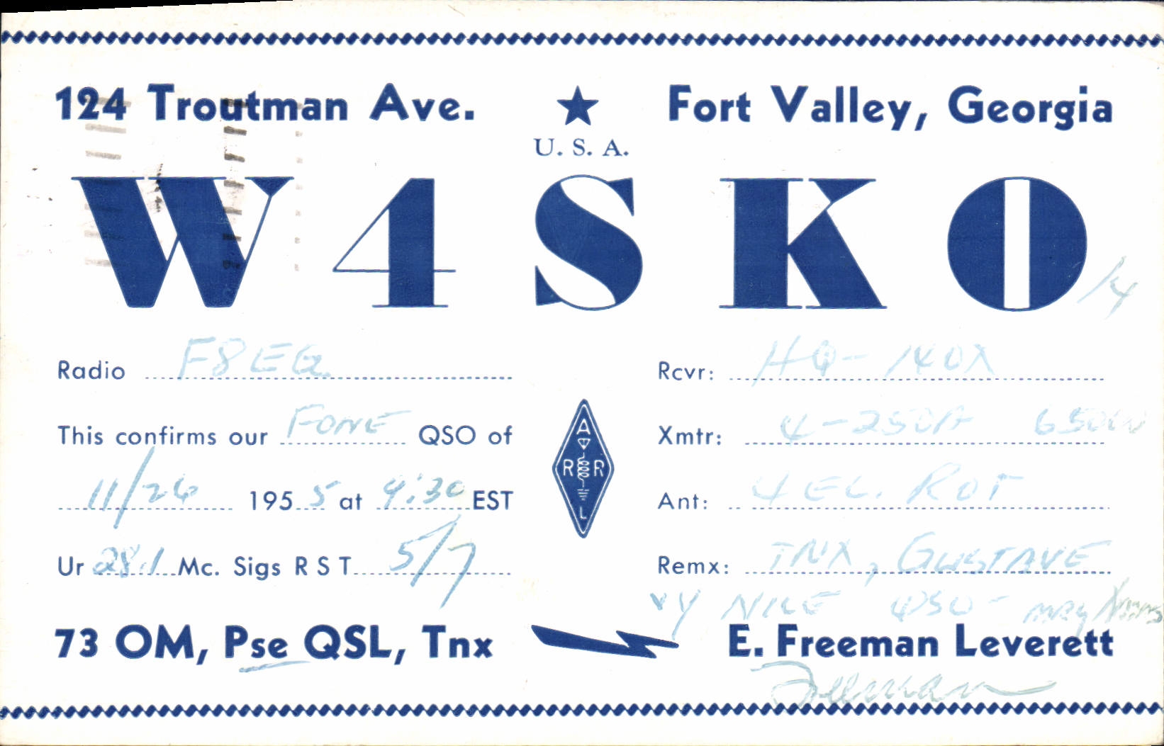 Valle fuerte Gerogia de la avenida de la telegrafía W4SKO Troutman de la POSTAL de la VENDIMIA