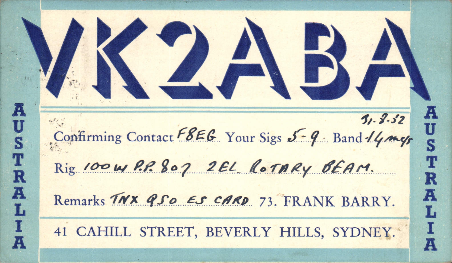 Calle Beverly Hills Sydney Australia de la telegrafía VK2AABA Cahill de la POSTAL de la VENDIMIA