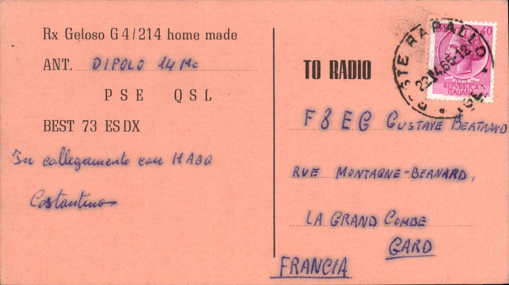 POSTAL Telegraphie I1 11654 Constantino Canessa de la VENDIMIA vía macerado