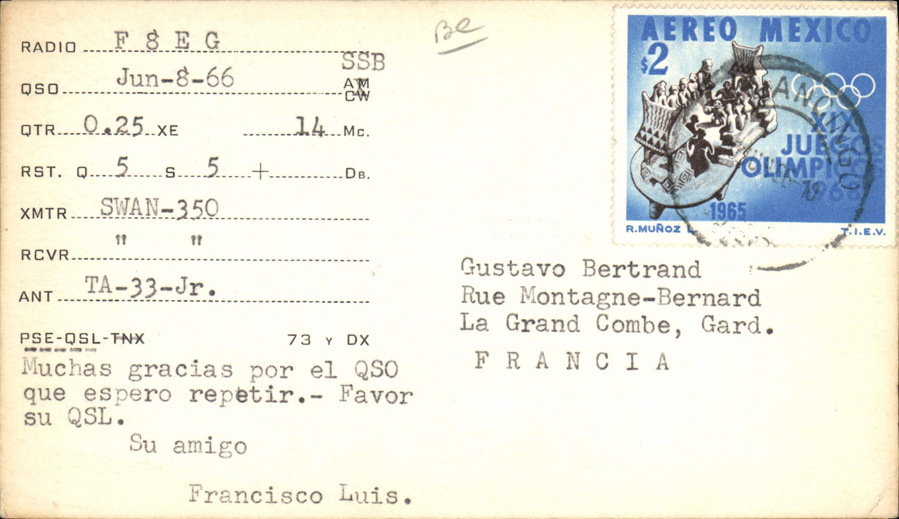 POSTAL Telegraphie Ciudad de México F8EG de la VENDIMIA. Aclamación 1968 del brillo de Francisco de los Juegos Olímpicos Tulancingo Hgo