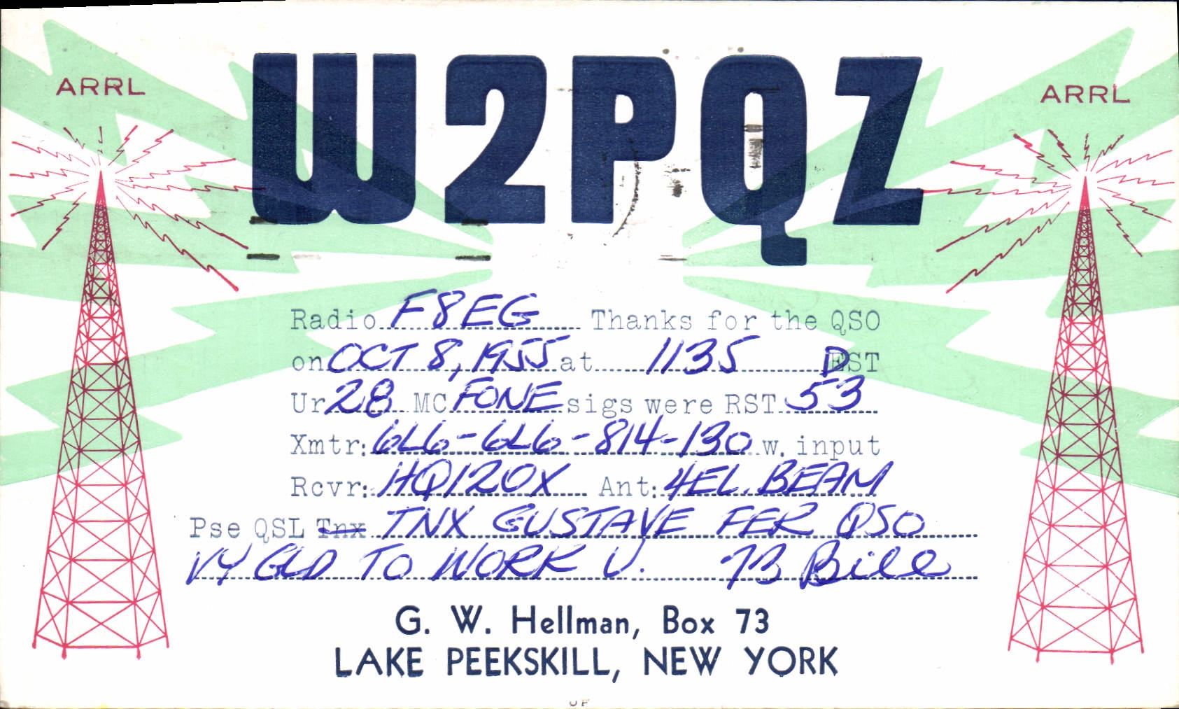Lago Peekskill Nueva York telegraphy W2PQZ Hellman de la POSTAL de la VENDIMIA