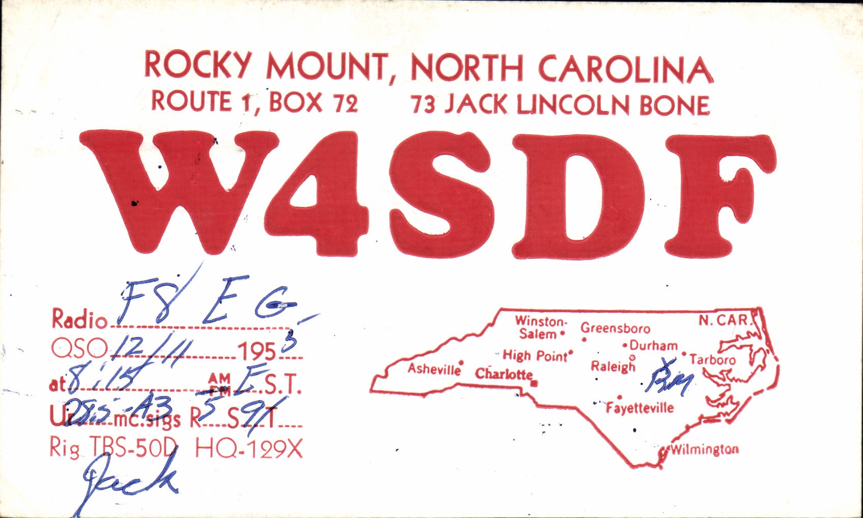 Hueso rocoso de Carolina del Norte Gato Lincoln del montaje de la telegrafía W4SDF de la POSTAL de la VENDIMIA