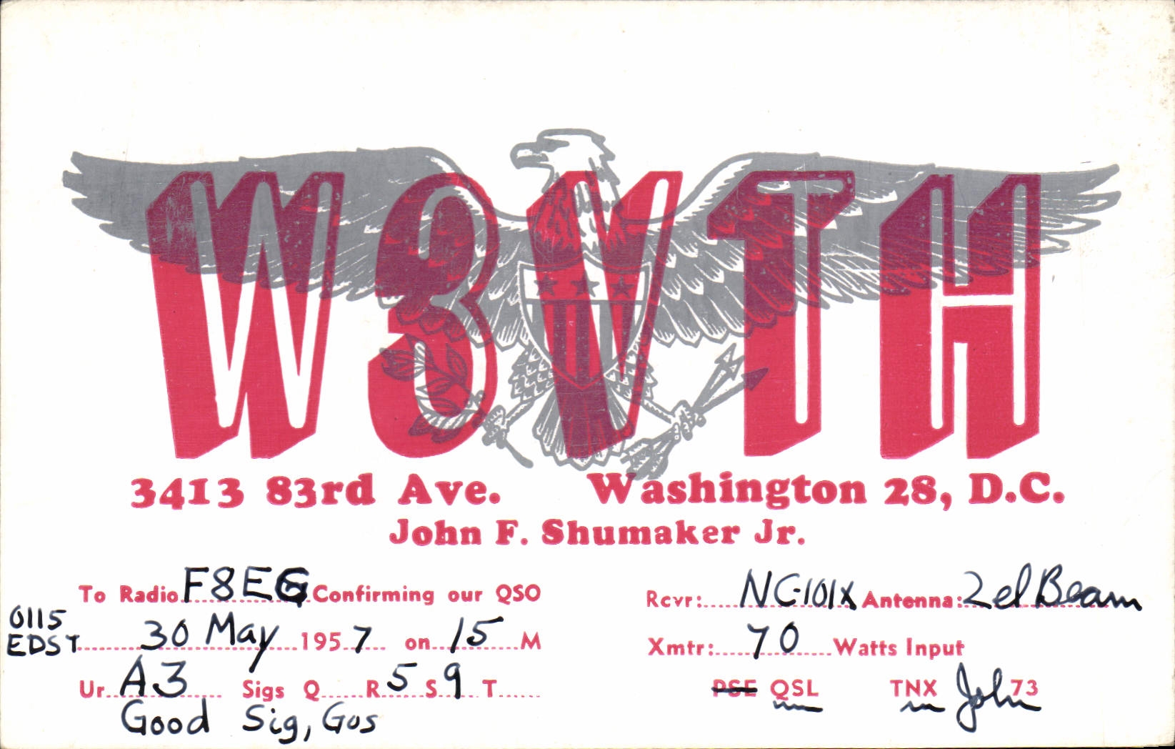 Telegrafía W3VTH Washington Juan Shumaker de la POSTAL de la VENDIMIA