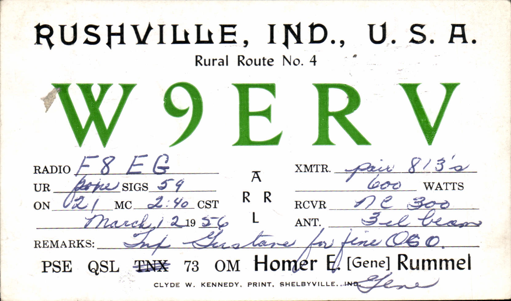 Camino rural de la telegrafía W9ERV Rushville Ind de la POSTAL de la VENDIMIA
