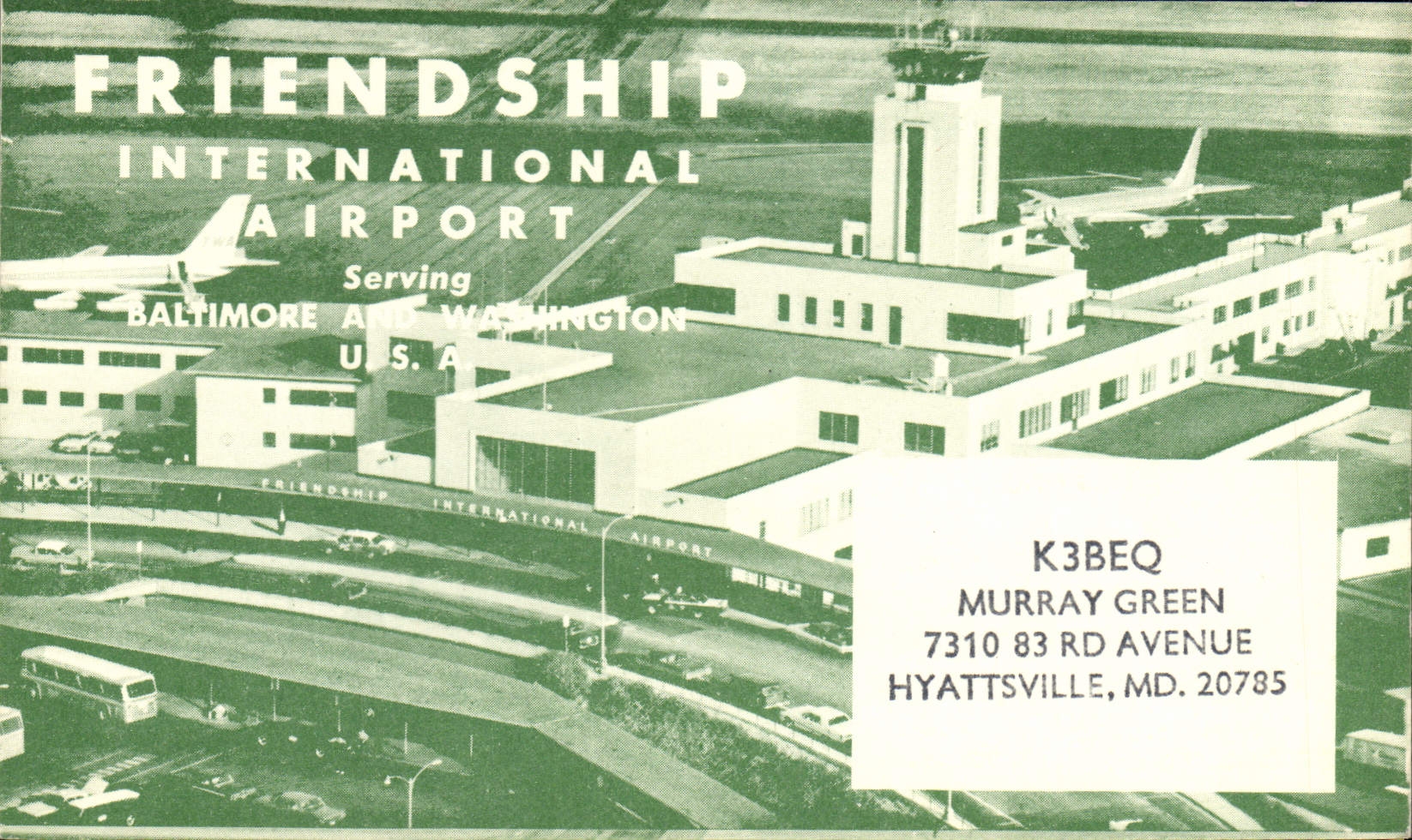 Plano verde de Murray Hyattsville Mandelevium de la amistad de la POSTAL de la VENDIMIA del aeropuerto internacional de la telegrafía