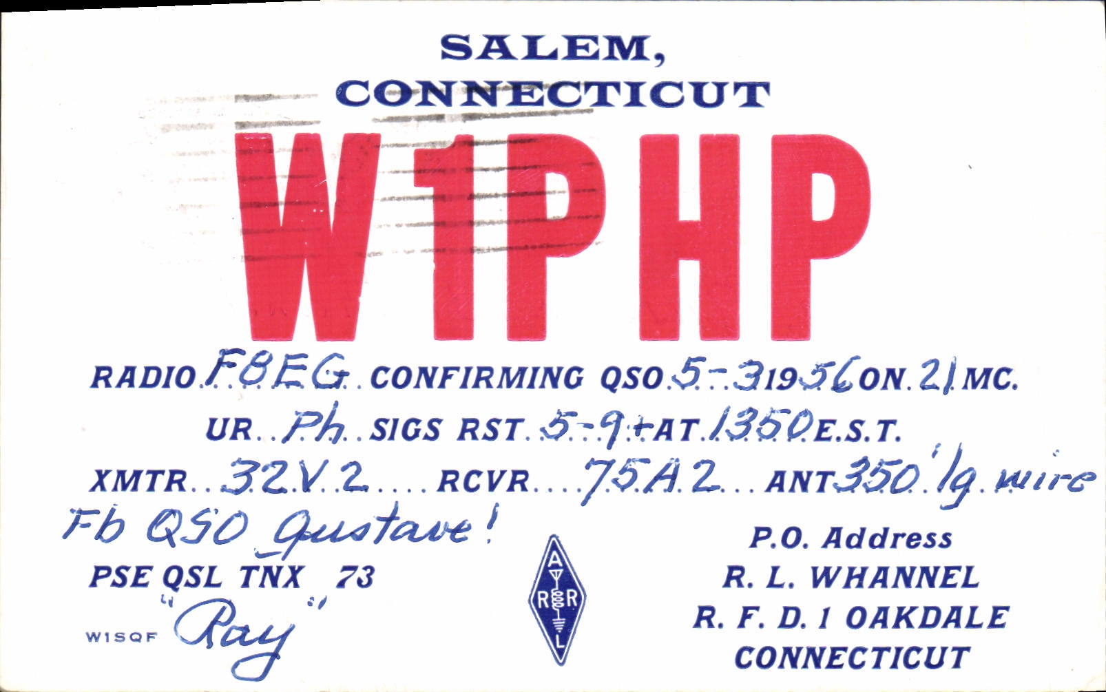 Telegrafía W1PHP Salem Connecticut Oakdale de la POSTAL de la VENDIMIA