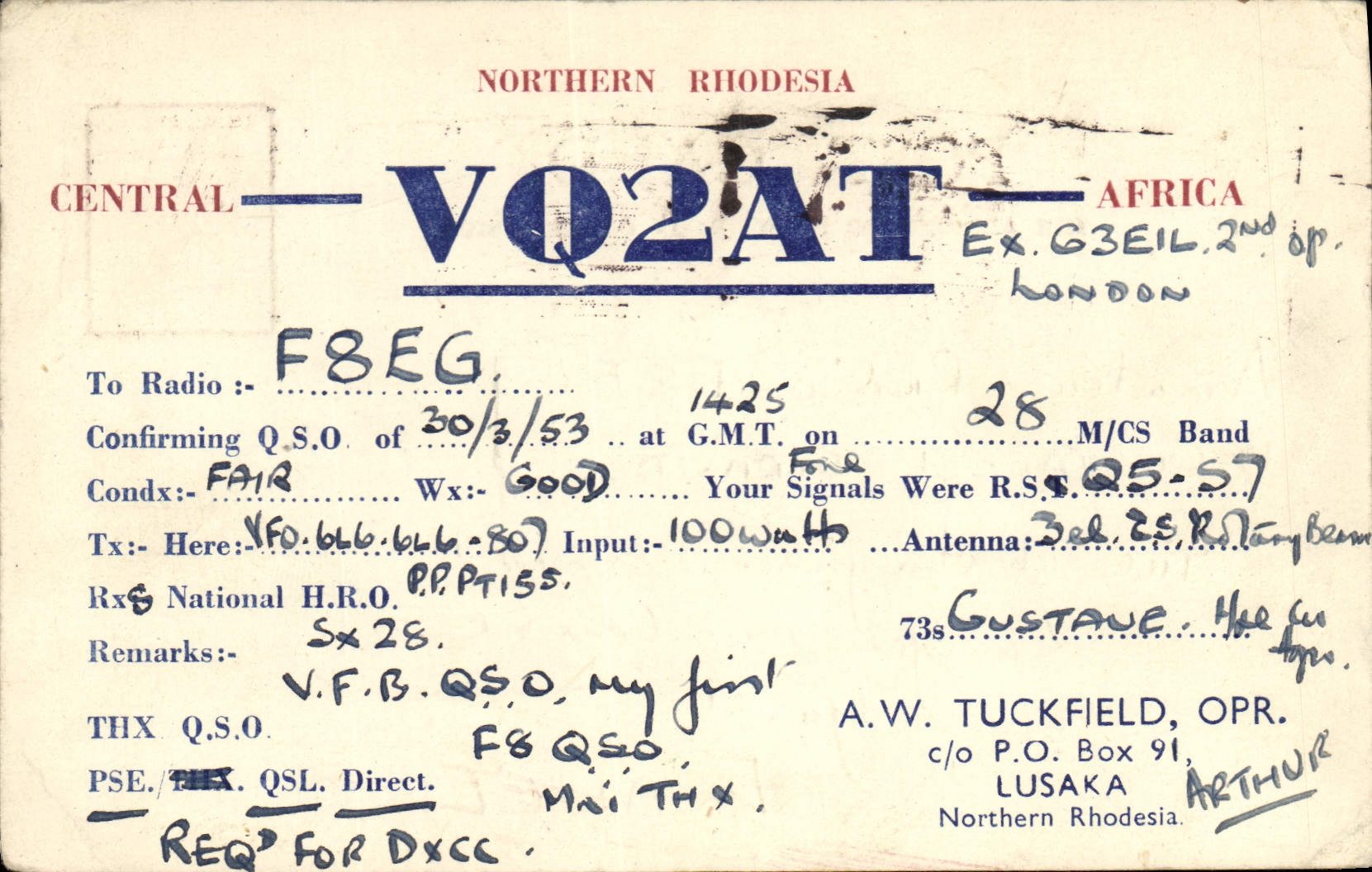 Norther Rhodesia de la telegrafía VQ2AT de la POSTAL de la VENDIMIA