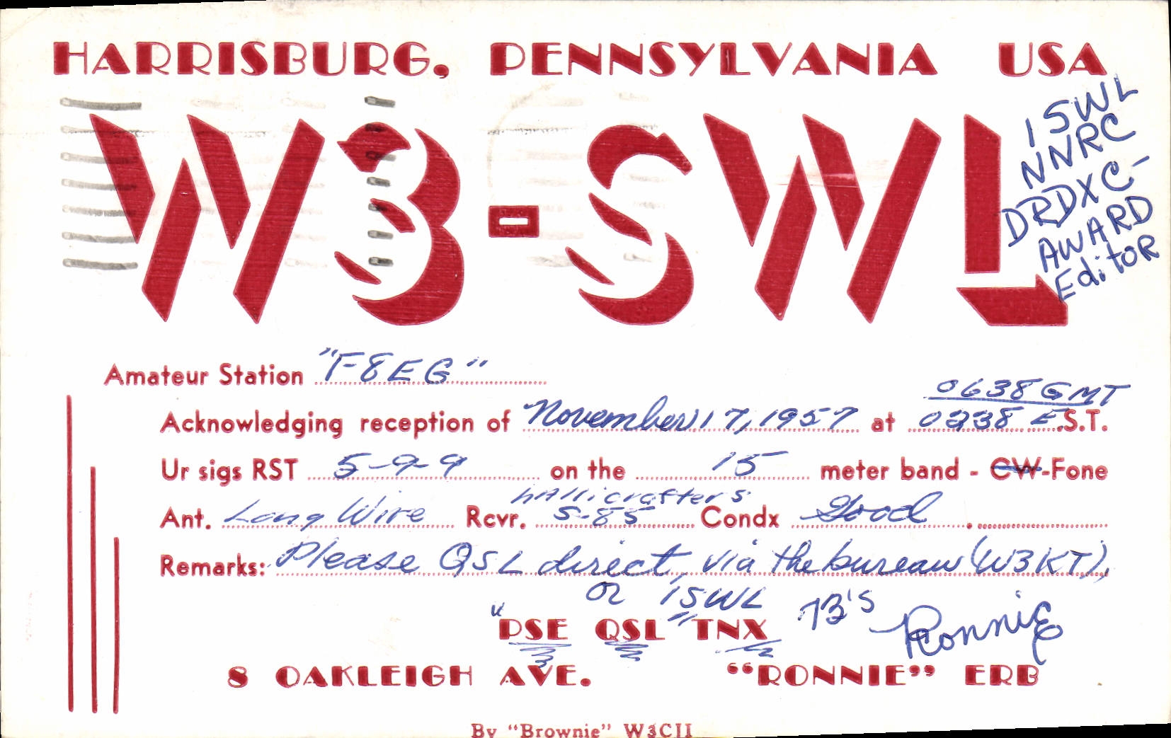 W3 SWL Harrisburg Pennsylvania de la telegrafía de la POSTAL de la VENDIMIA los E.E.U.U.