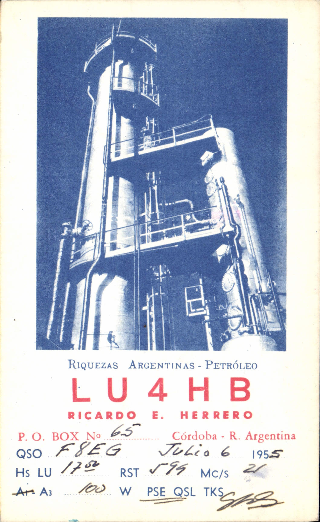 Aceite del aceite de la telegrafía LU4HB Ricardo Herrero Riquezas Argentinas Petroleo de la POSTAL de la VENDIMIA
