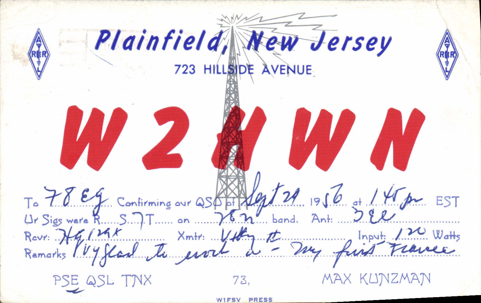 CPA Telegraphie W2HWN Plainfield New Jersey Hillside Avenue Max Kunzman