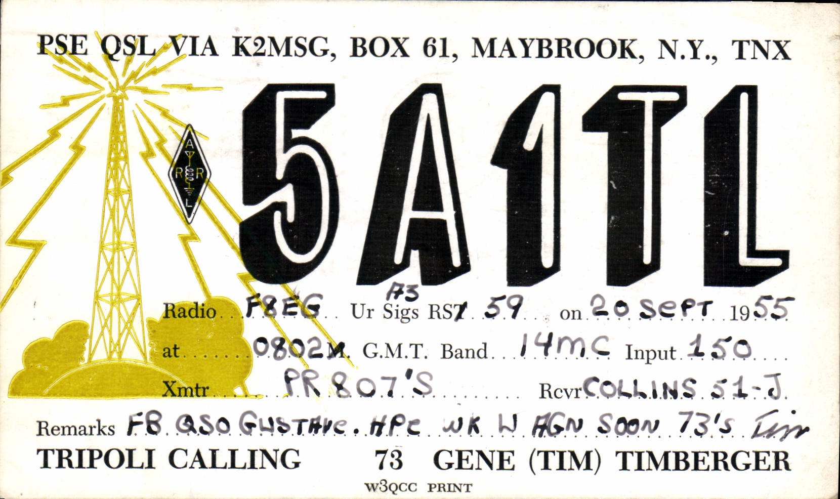 Telegrafía 5A1TL Maybrook NY Trípoli de la POSTAL de la VENDIMIA que llama el gene de Timberger