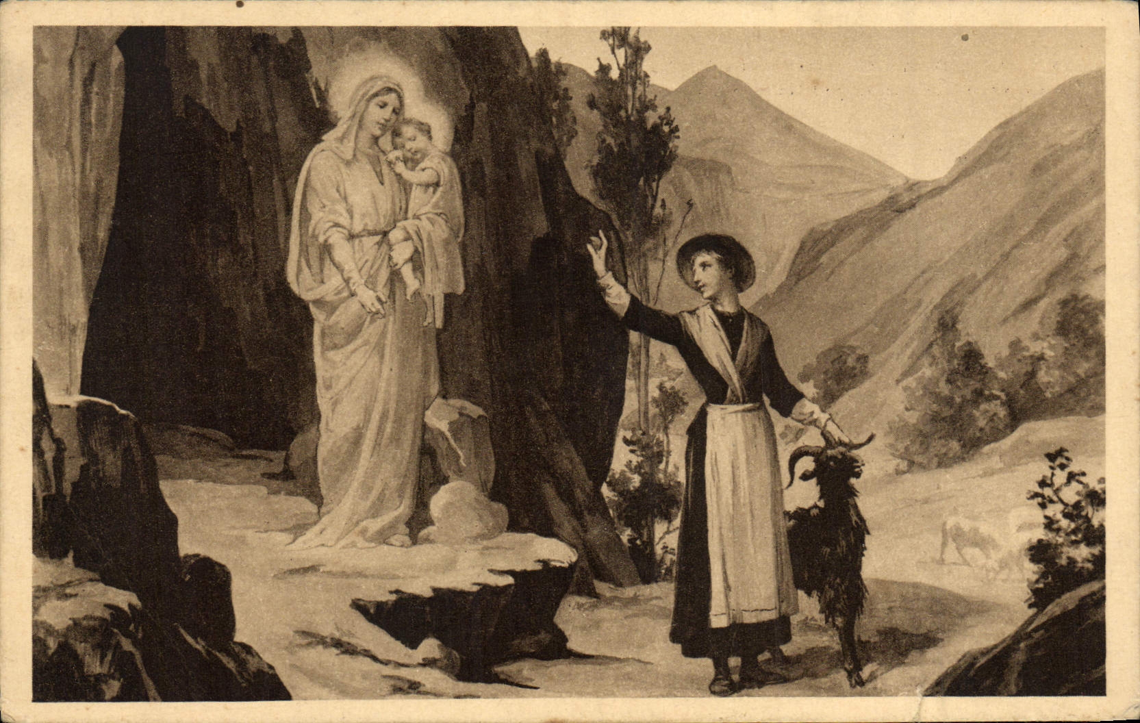 VINTAGE POSTCARD Goat Notre Dame de Lans Appearance of Blessed Virgin with the cave of the Furnaces