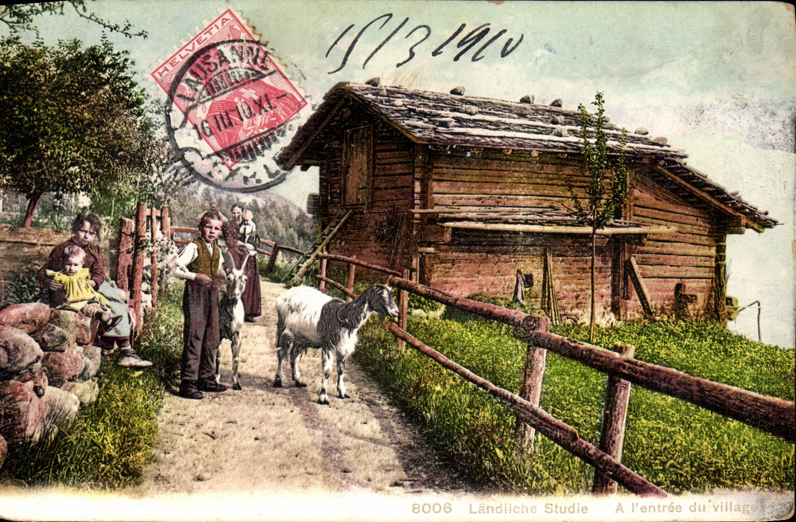VINTAGE POSTCARD Goat Landliche Studie At the entry of the village