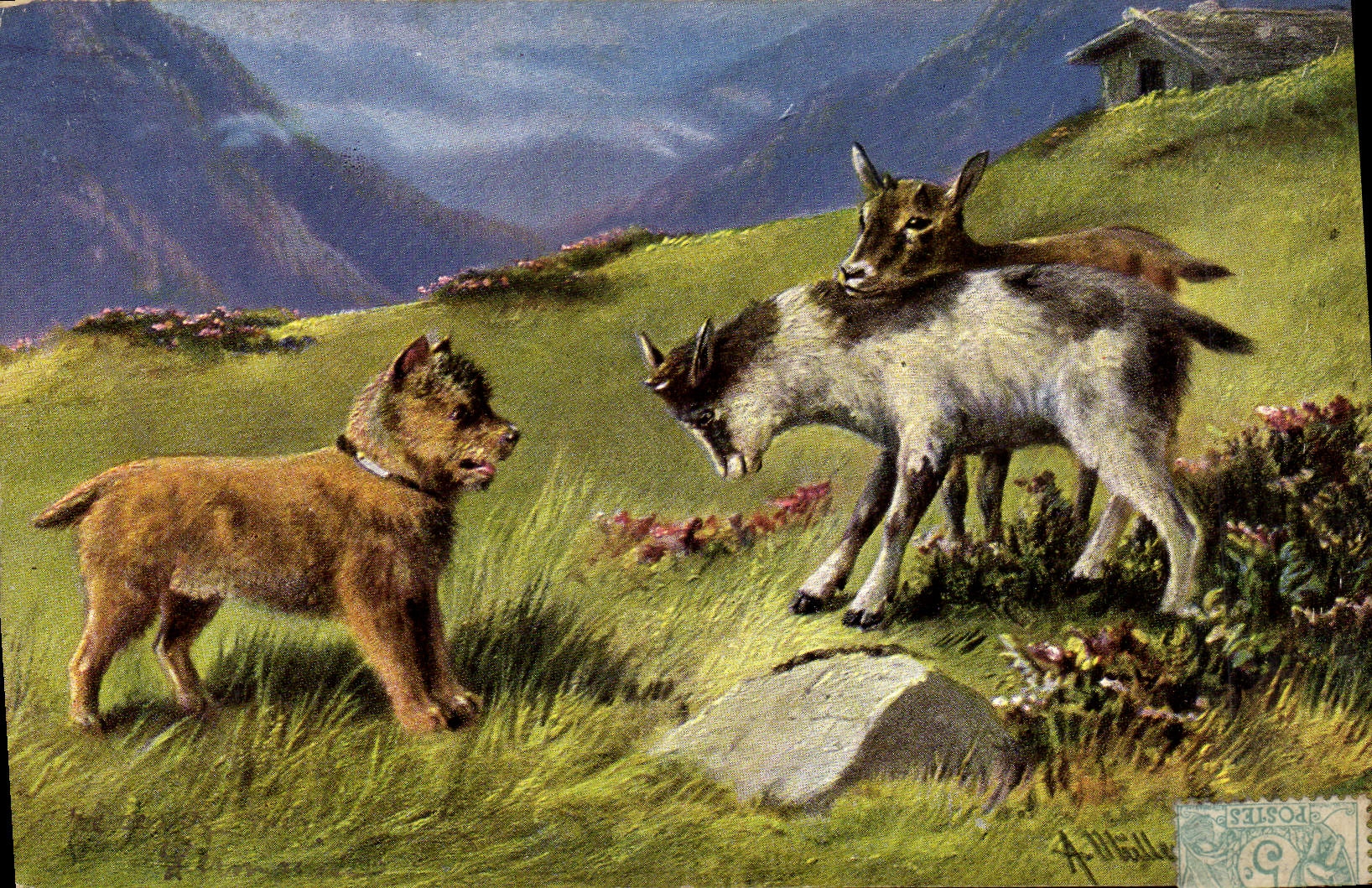 VINTAGE POSTCARD Goat Kid Dog