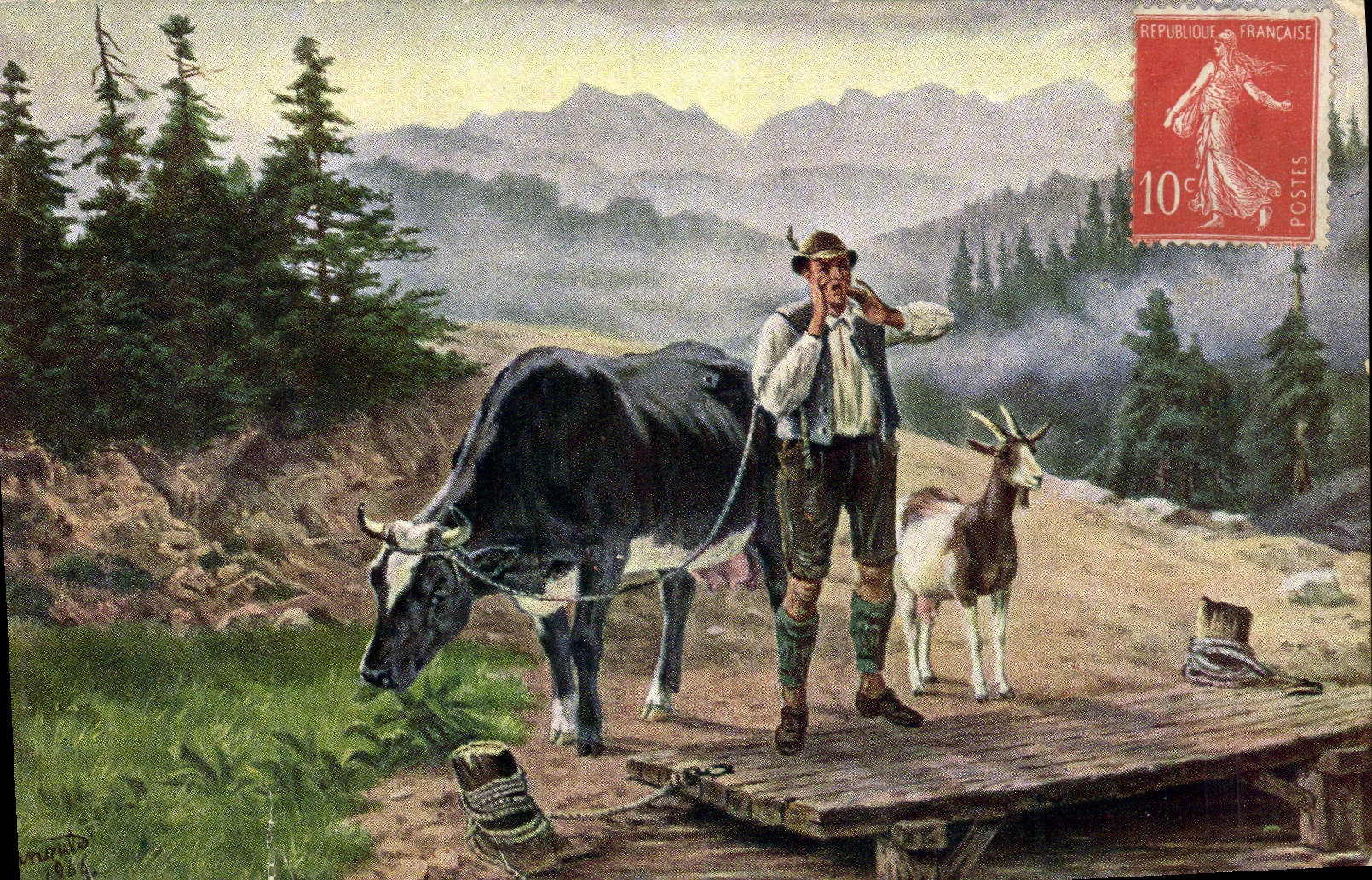 VINTAGE POSTCARD Goat Shepherd Cow Folklore