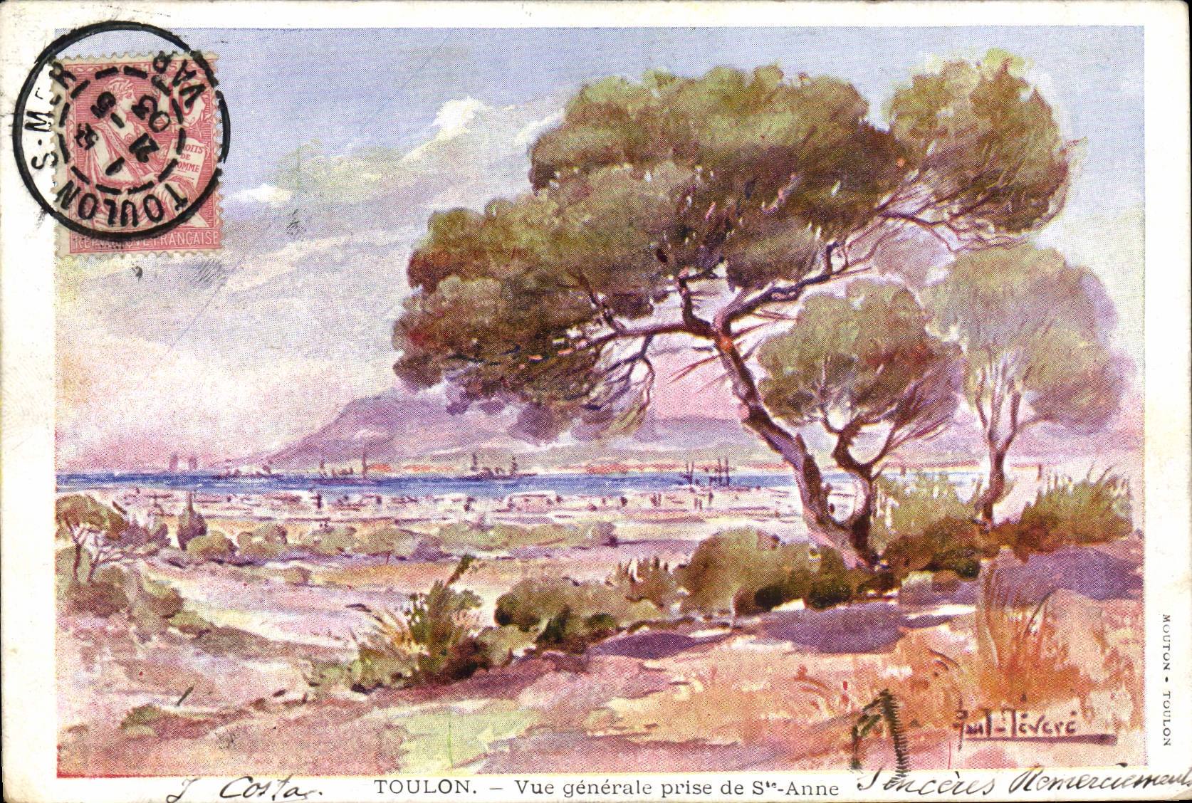 VINTAGE POSTCARD Fantasy Toulon Illustrator View taken of co. Anne