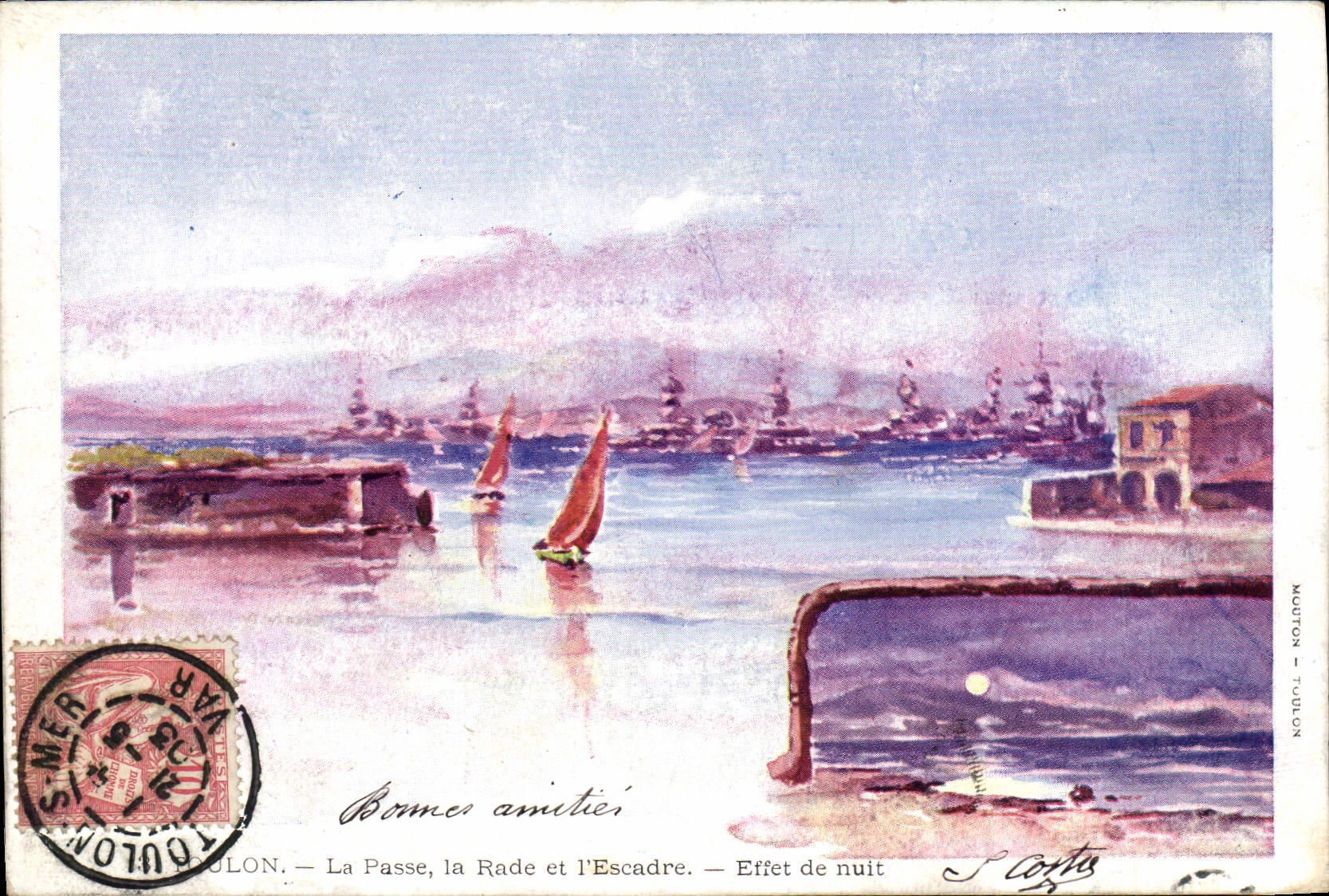 VINTAGE POSTCARD Fantasy Toulon Illustrator the master key roads and the squadron Night effect Boats
