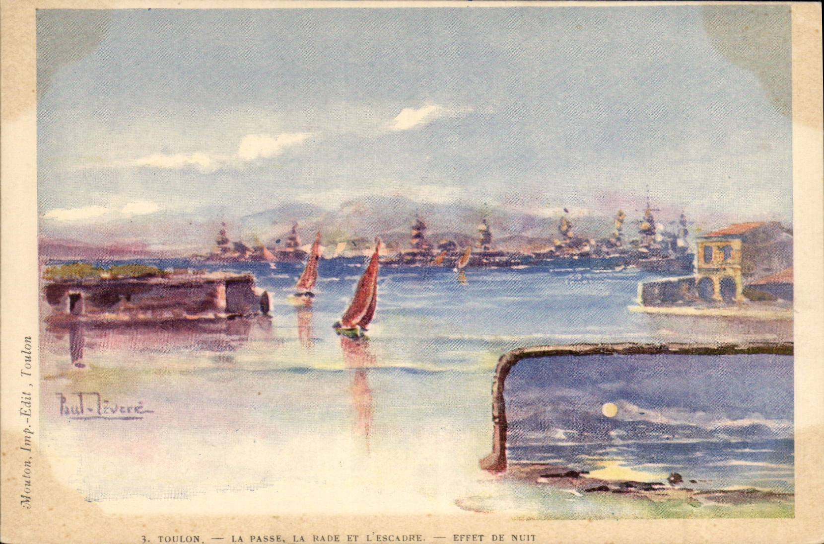 CPA Fantaisie Illustrateur Toulon La passe La rade et l'escadre Effet de nuit Bateaux