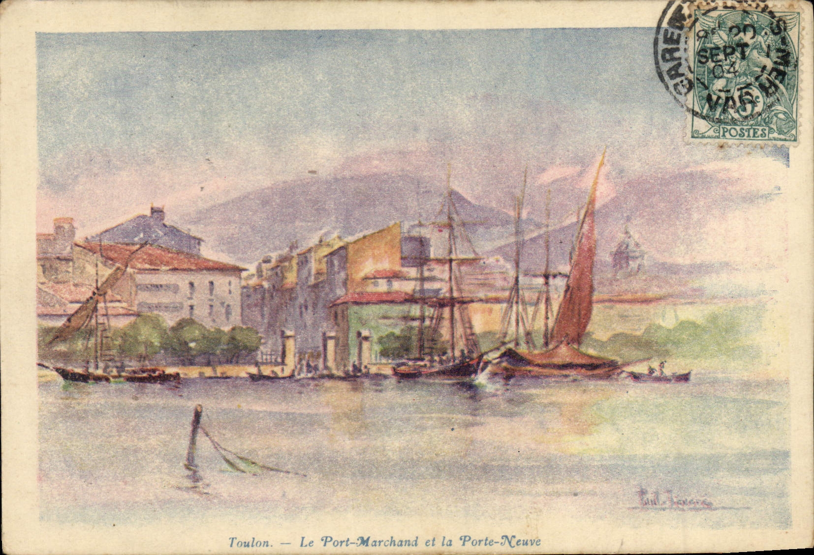 CPA Fantaisie Illustrateur Toulon Le port marchand et la porte neuve