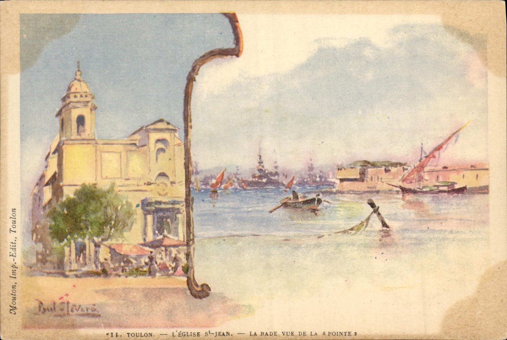 CPA Fantaisie Illustrateur Toulon L'eglise St Jean La rade vue de la pointe Bateaux 