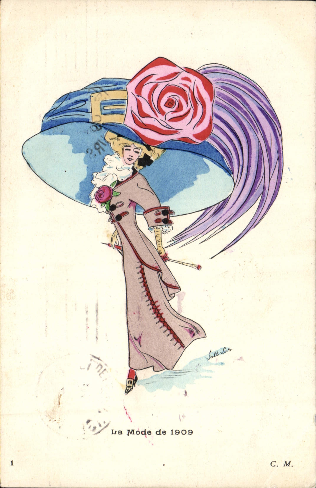 VINTAGE POSTCARD Fantasy Illustrator Woman fashion of 1909 Hat