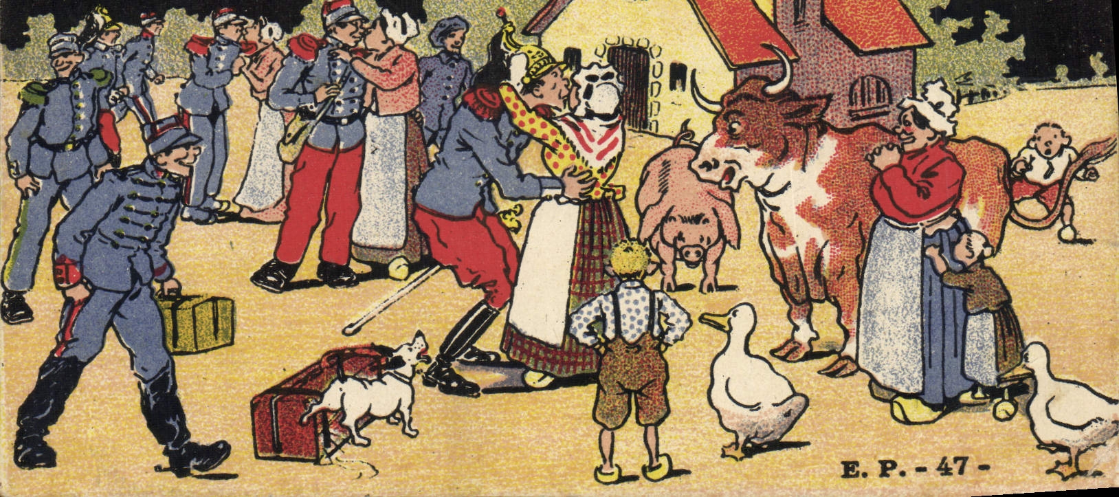 CPA Fantaisie Militaria Permissionnaires au pays Vache Chien Oie Cochon Porc