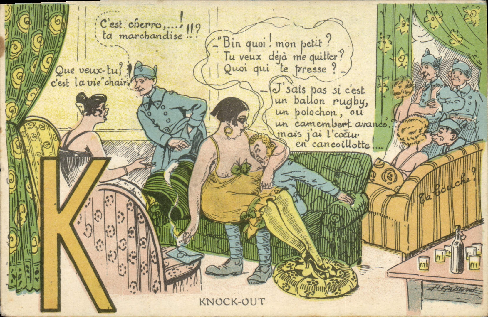 VINTAGE POSTCARD Fantasy Militaria Knock Out Prostitute