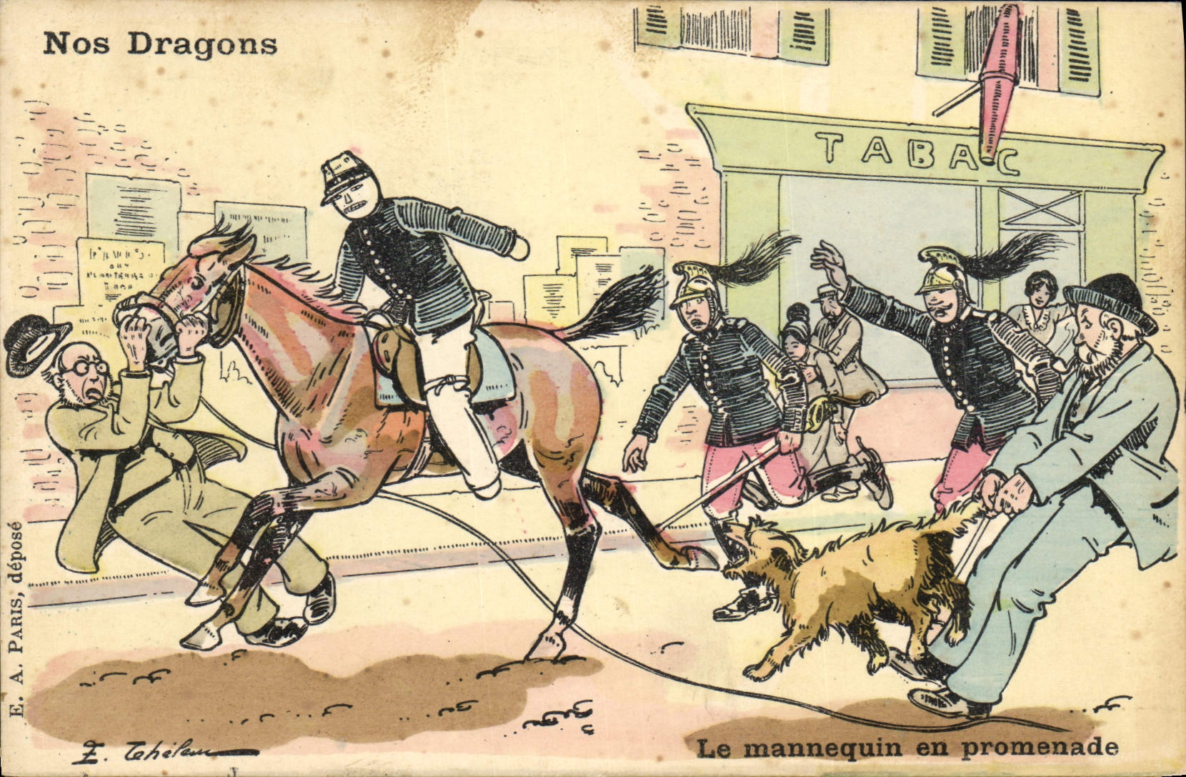 VINTAGE POSTCARD Militaria Fantasy Our dragons Horse the mannequin in walk Dog